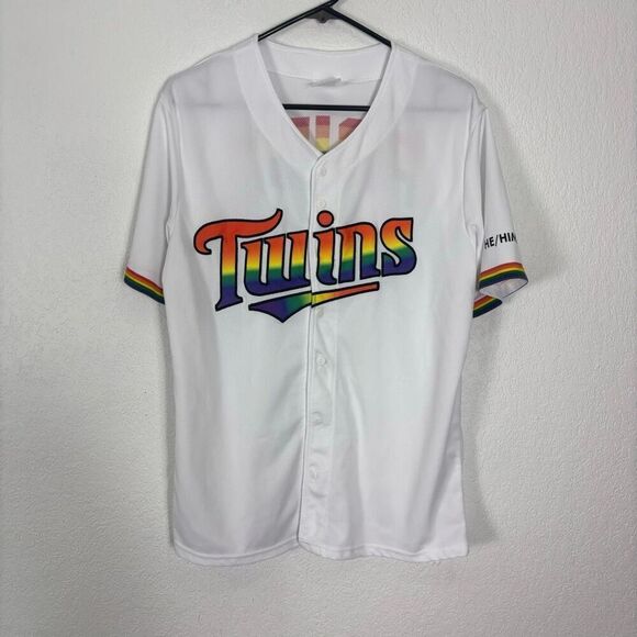 Minnesota Twins White with Rainbow Pride Logo Baseball Jersey He/Him/His Adult M - Picture 1 of 7